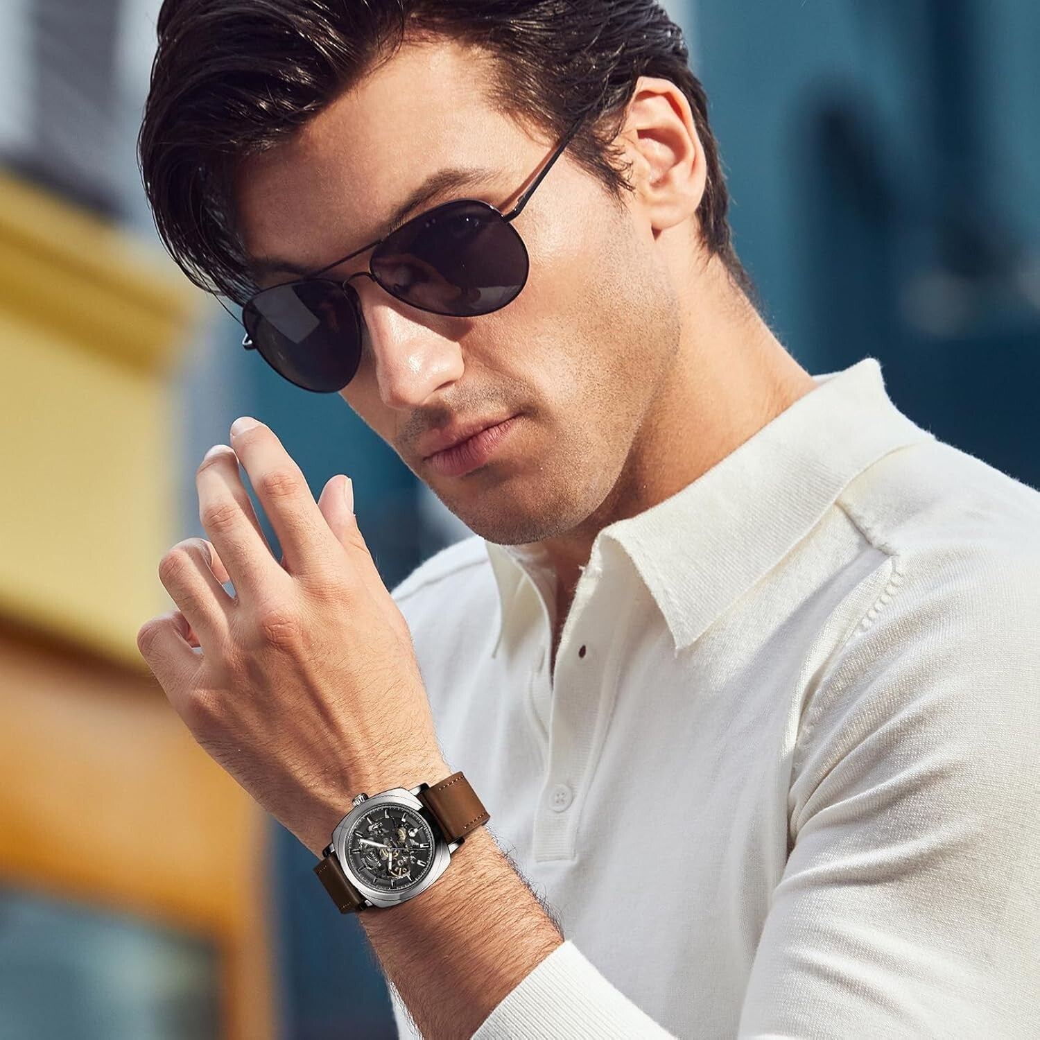 Benyar Men's Automatic Skeleton Watch - Stylish 45mm Leather Strap Design