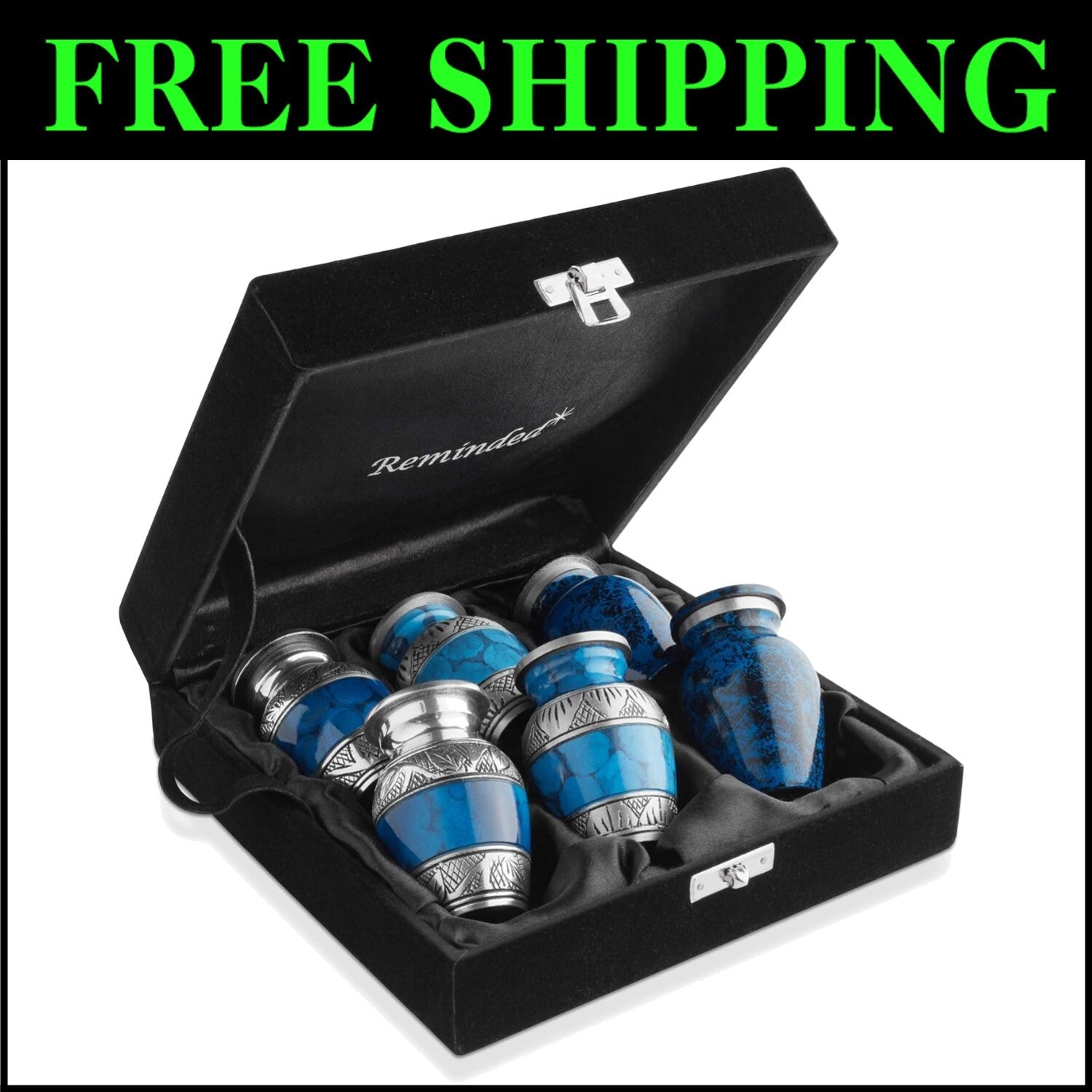 Elegant Mini Keepsake Cremation Urn Set of 6 - Blue & Silver with Velvet Case