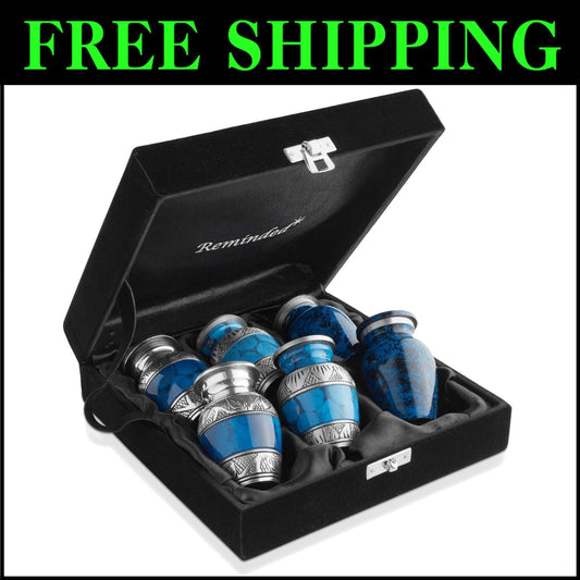 Elegant Mini Keepsake Cremation Urn Set of 6 - Blue & Silver with Velvet Case