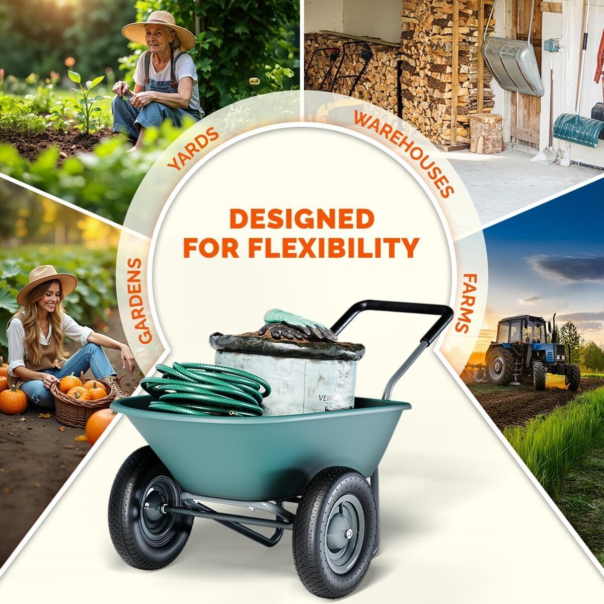 14-Inch Pneumatic Tire Yard Cart with Ergonomic Handle - Stable and Stylish