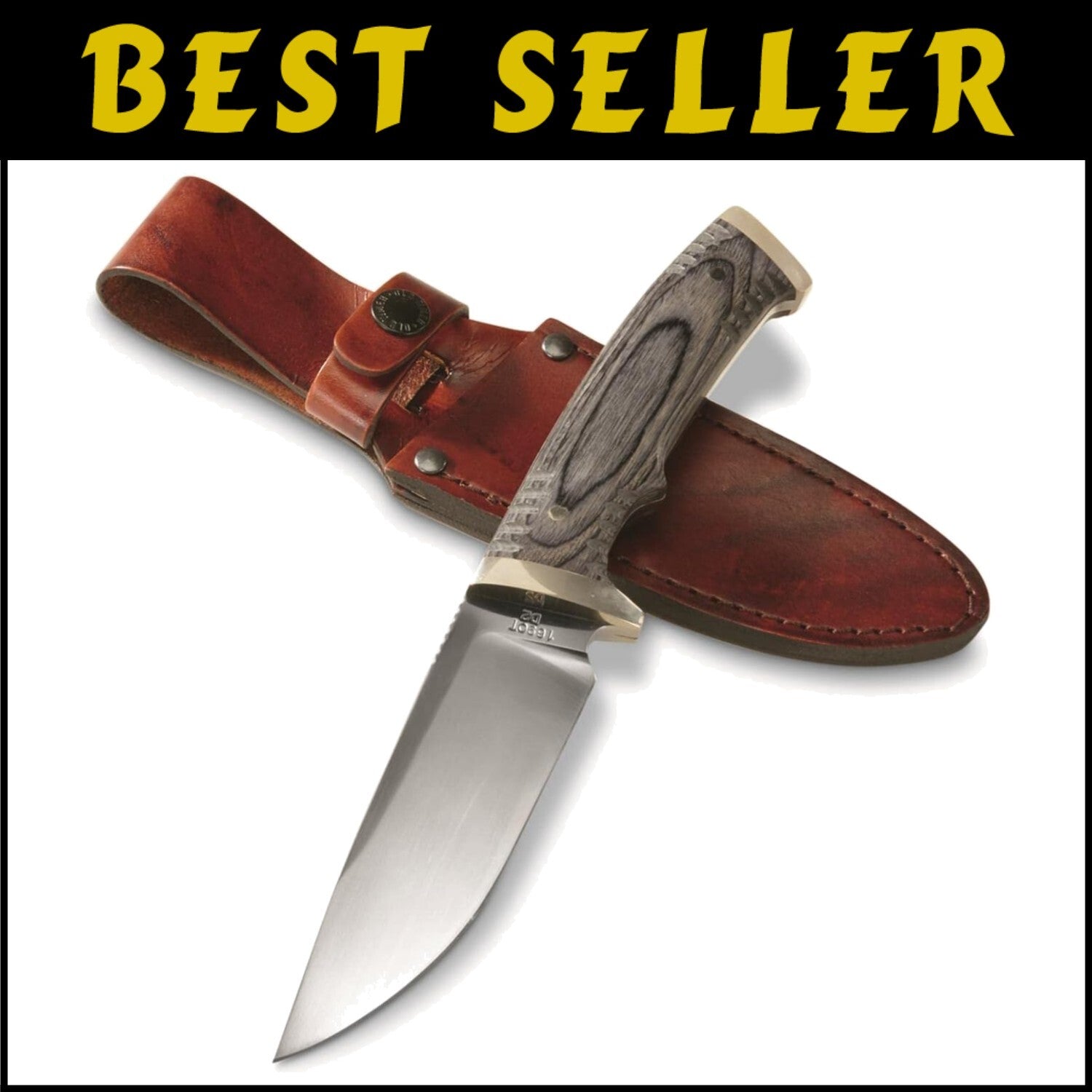 10.25in Drop Point Fixed Blade Knife with Leather Sheath for Hunting & Camping