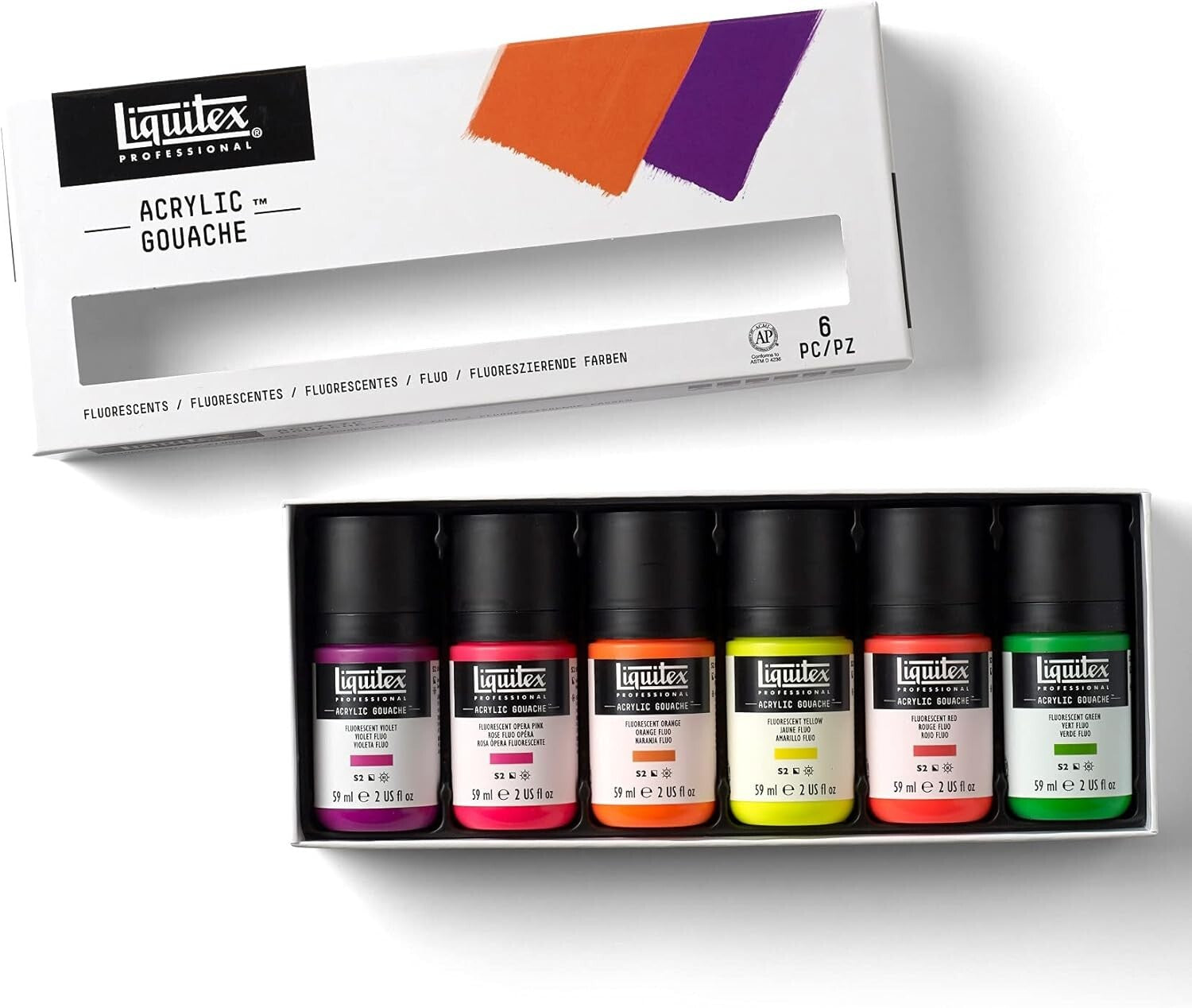 Vibrant Professional Fluorescent Acrylic Gouache - 6 x 2oz with Matte Finish