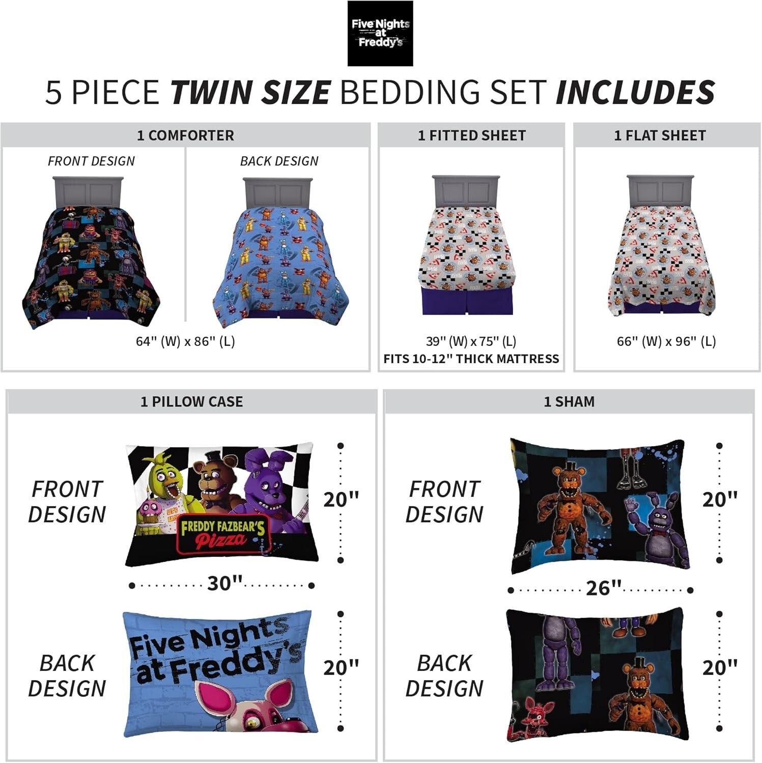 Cozy Reversible 5 Piece Kids Bedding Set - Five Nights At Freddy's Twin Size