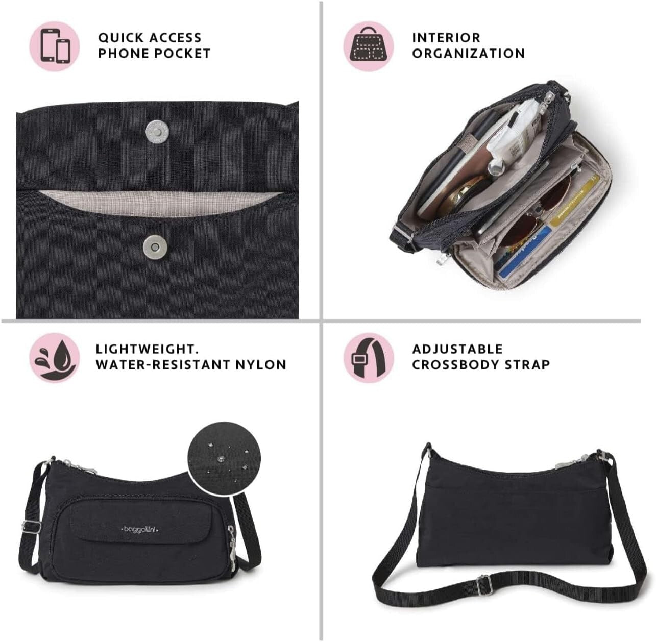 Everyday Crossbody Bag: Compact Nylon Purse with Built-In Wallet & Card Slots