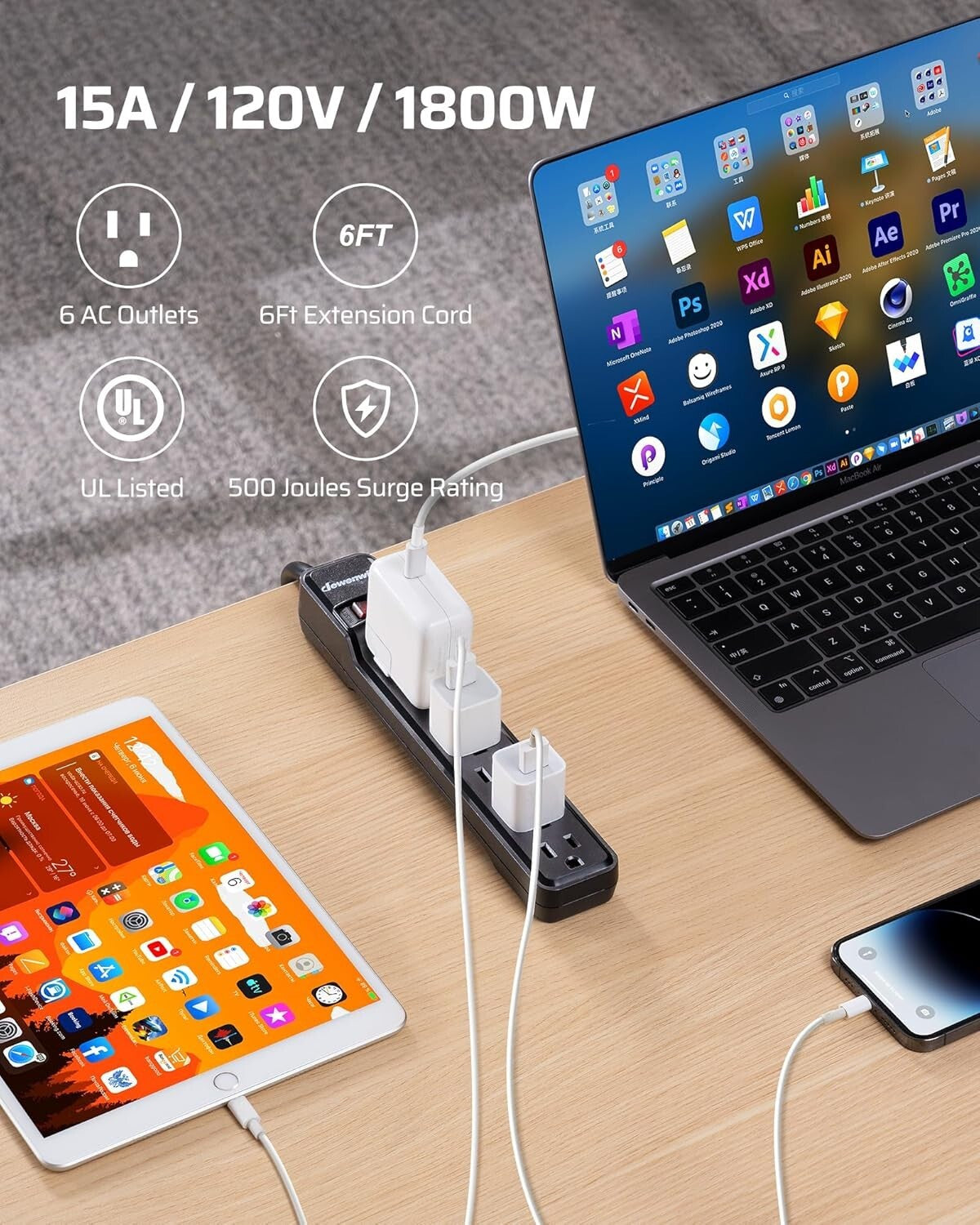 15FT Power Strip with 6 Outlets and Circuit Breaker - UL Listed Safety Features