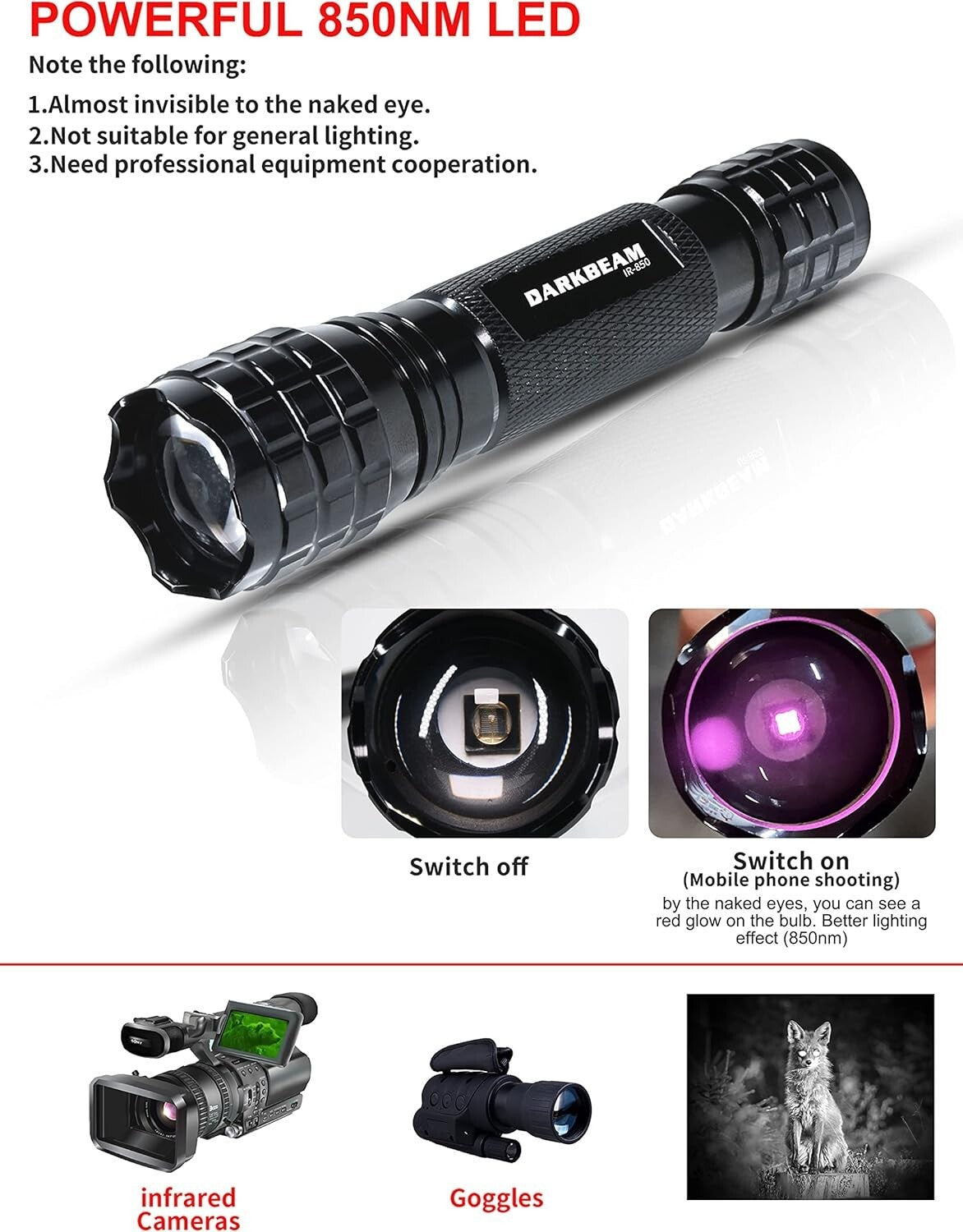 Adjustable Focus Infrared 850nm Flashlight - Perfect for Hunting and Observation