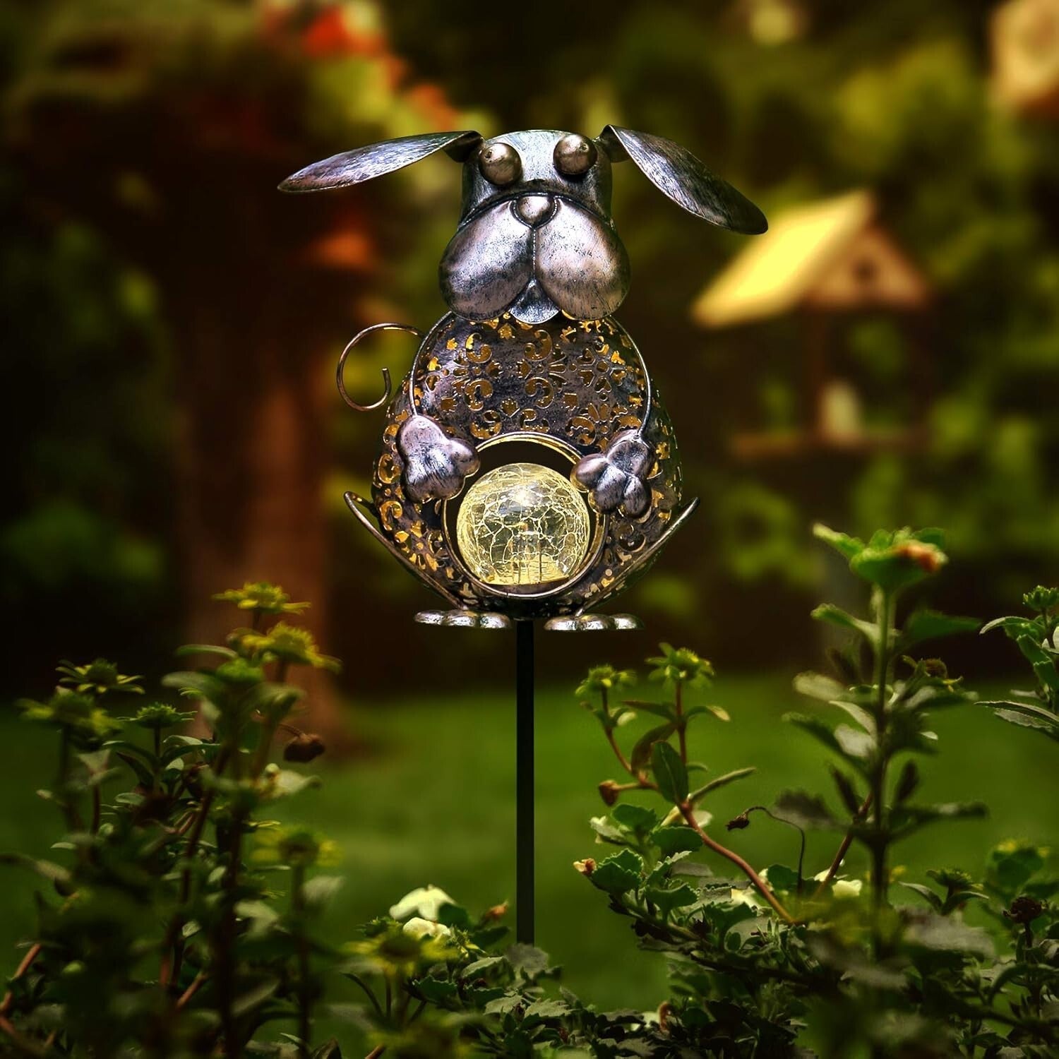 Easy Install Dog Bronze Solar Outdoor Light with Crackle Glass - IP44 Waterproof