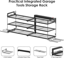 Load image into Gallery viewer, Metal Wall-Mounted Garage Tool Organizer with Power Strip &amp; Drill Holders