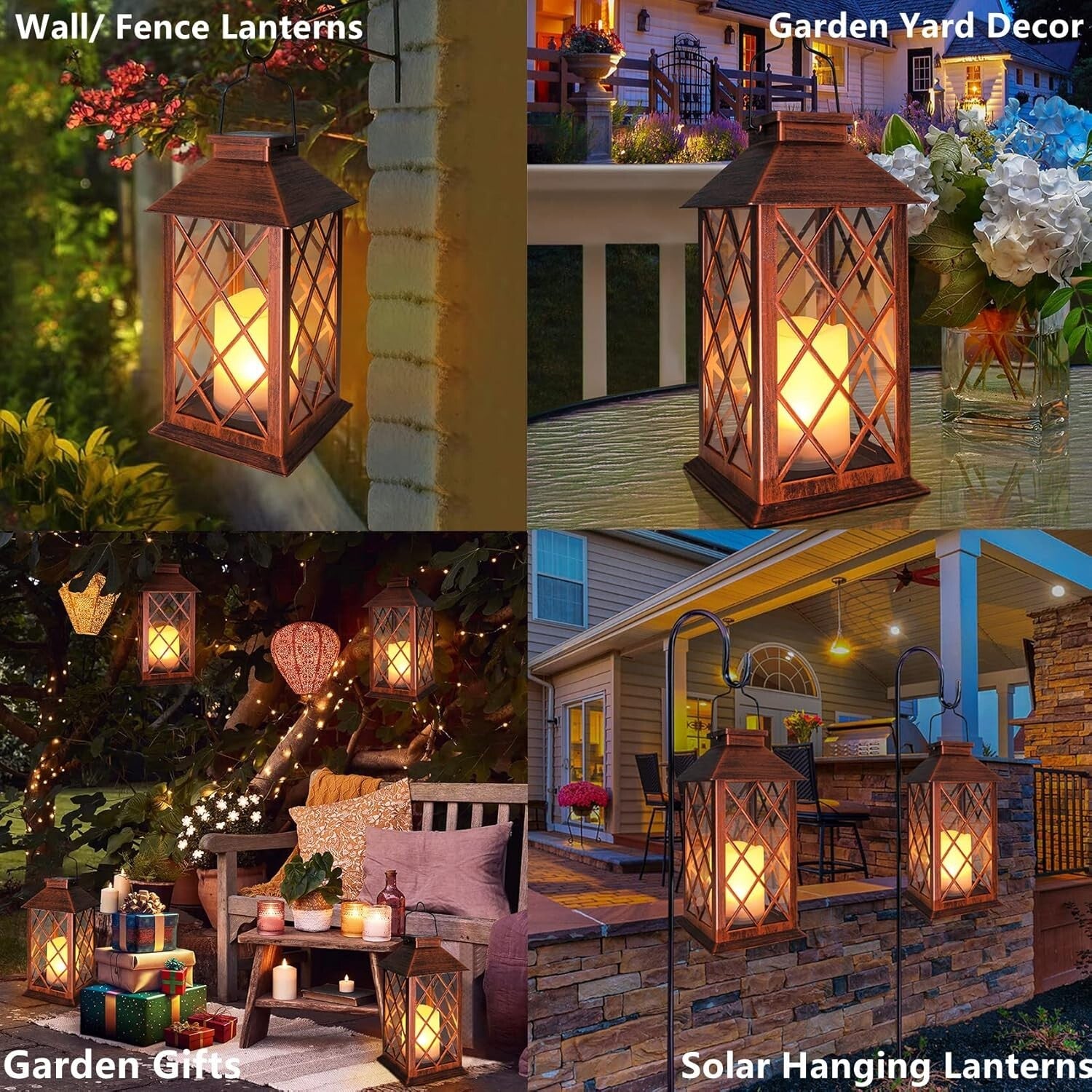 2 Pack 14" Solar Lanterns - Waterproof LED Flameless Candle in Antique Copper