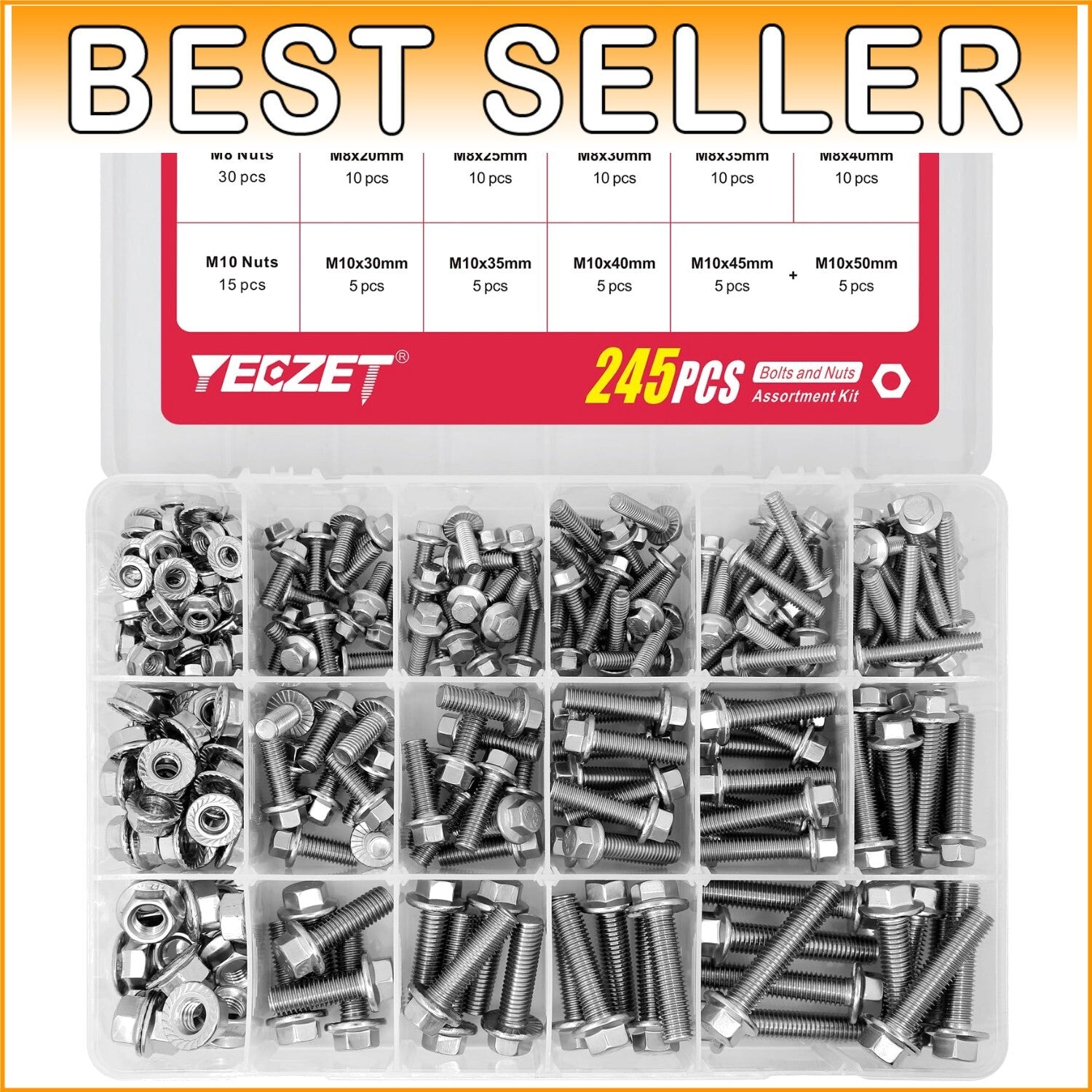 15 Size Metric Flanged Bolt & Nut Kit - Corrosion-Resistant 304 Stainless Steel