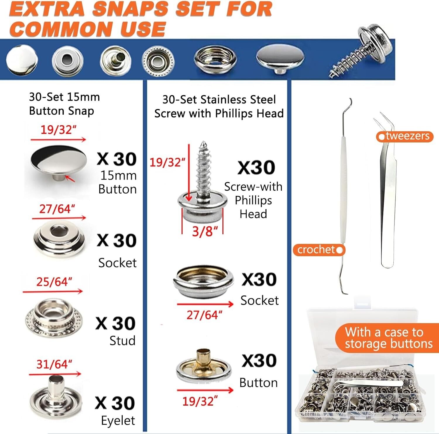 Stainless Steel Heavy Duty Snap Pliers with 60 Snaps for Marine & Leather Use