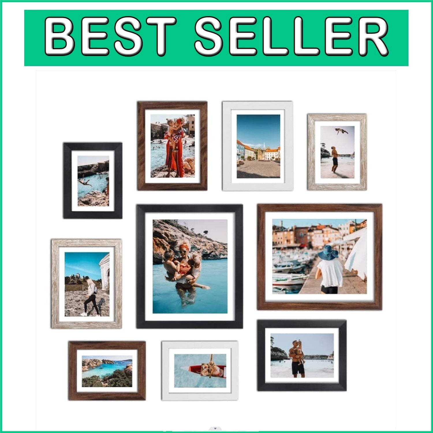 Elegant Distressed Photo Frame Set - 10 Multi-Color Frames for Wall/Table