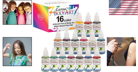 16 Color Kit 1-oz Water-Based Airbrush Colors, Skin-Safe Face & Body Paint