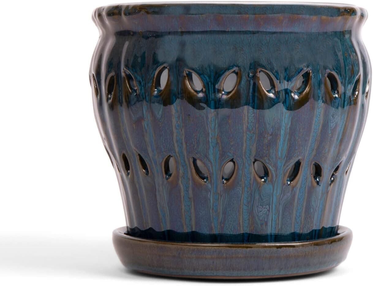 Elegant 6" Teal Jade Ceramic Orchid Pot with Drainage – Ideal for Indoor Plants