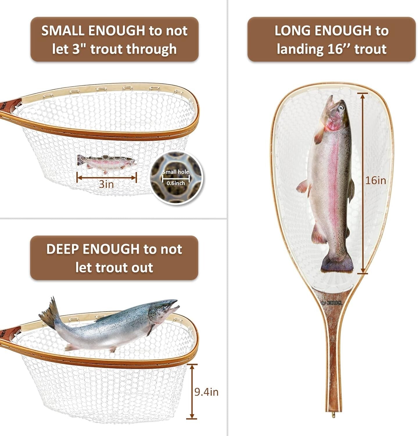 Wooden Frame Trout Landing Net with Magnetic Release - Ideal for Catch & Release