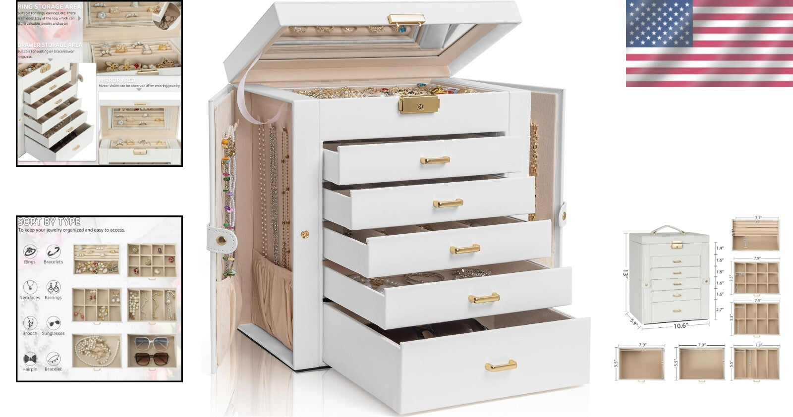 Elegant 6-Tier Lockable Jewelry Box with Mirror - Perfect Storage for Women
