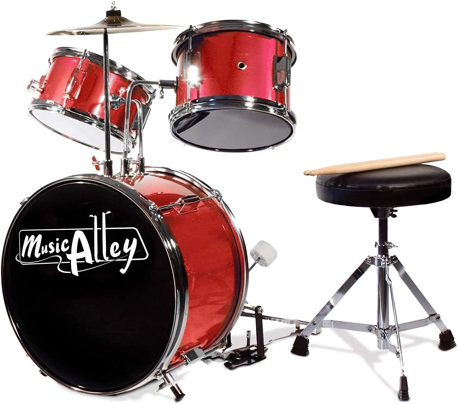Authentic 3-Piece Drum Set for Kids with Adjustable Throne and Bass Pedal - Red