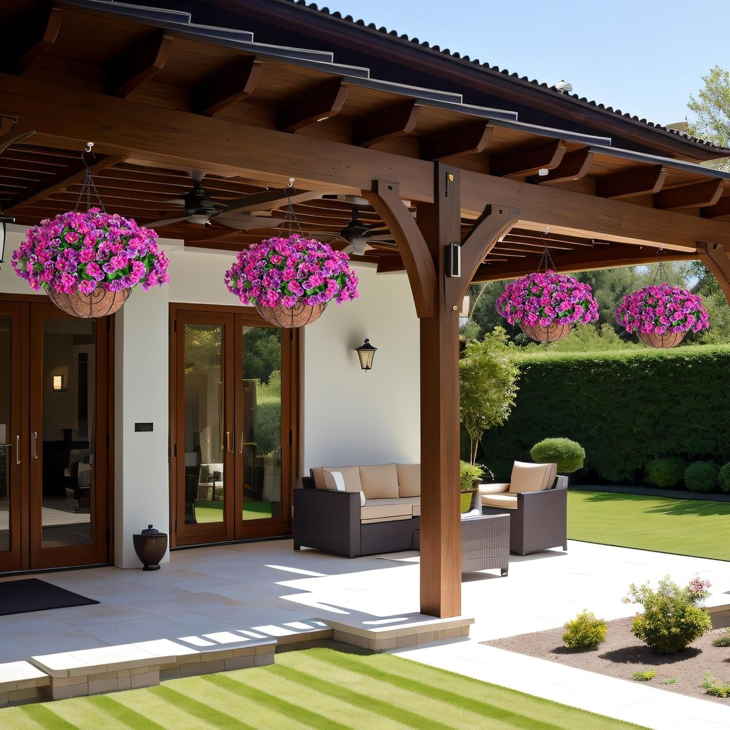 Elegant Faux Silk Petunias in Coconut Basket - Indoor/Outdoor Hanging Flowers
