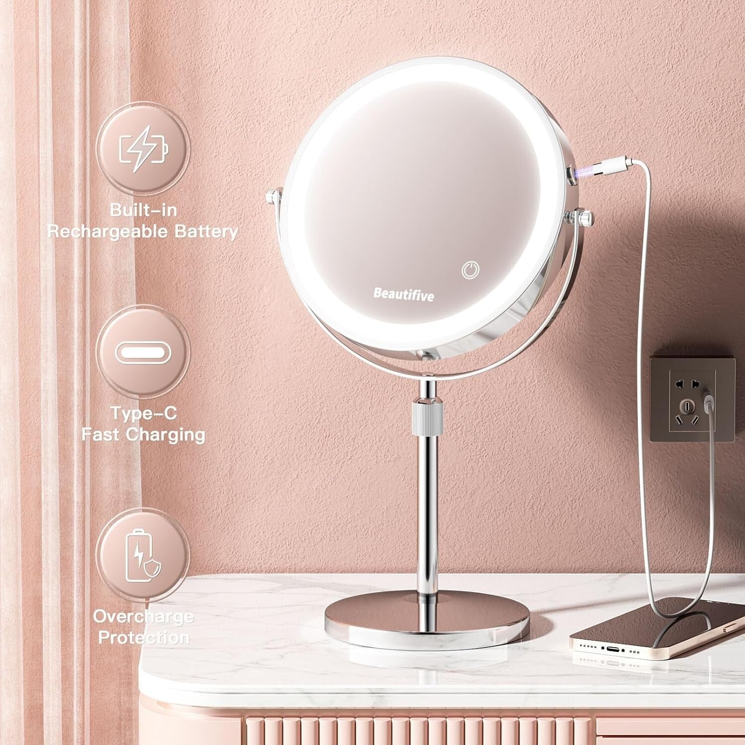 Rechargeable 8” Makeup Mirror with 15X Magnification & Stepless Dimming Light