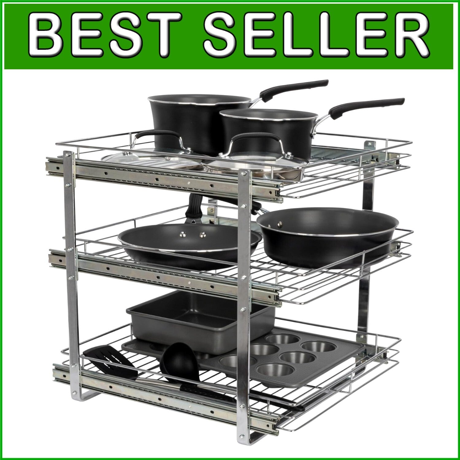 Durable 3-Tier Chrome Kitchen Slide-Out Organizer for Efficient Cookware Storage