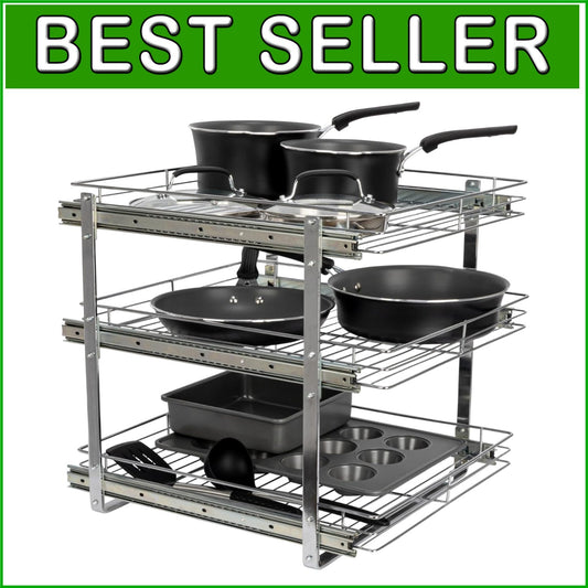 Durable 3-Tier Chrome Kitchen Slide-Out Organizer for Efficient Cookware Storage