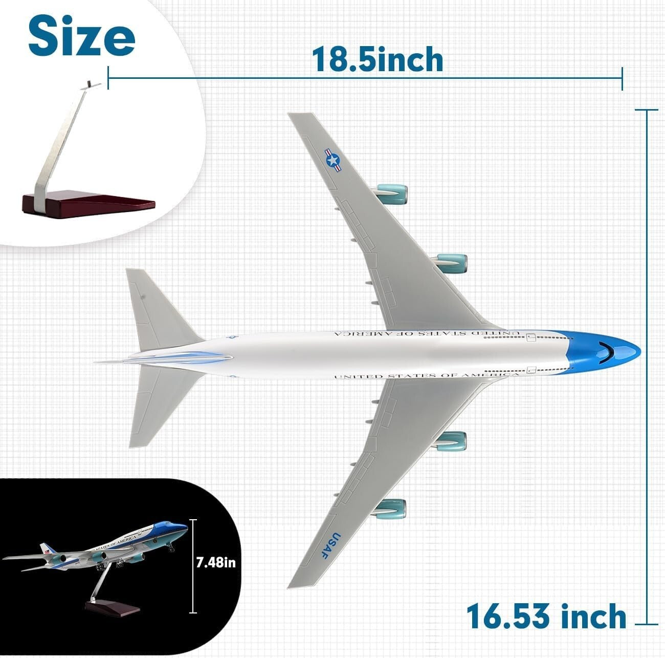 Elegant 18.5" Boeing 747 Diecast Airplane - Voice Control & Cabin Light Features