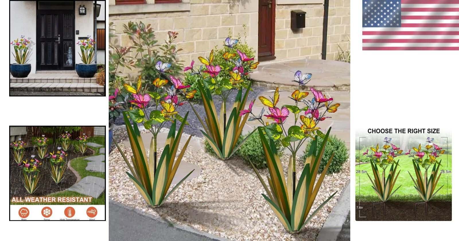 Light Green Butterfly Metal Sculptures - Wind Resistant Garden Ornaments (3pcs)