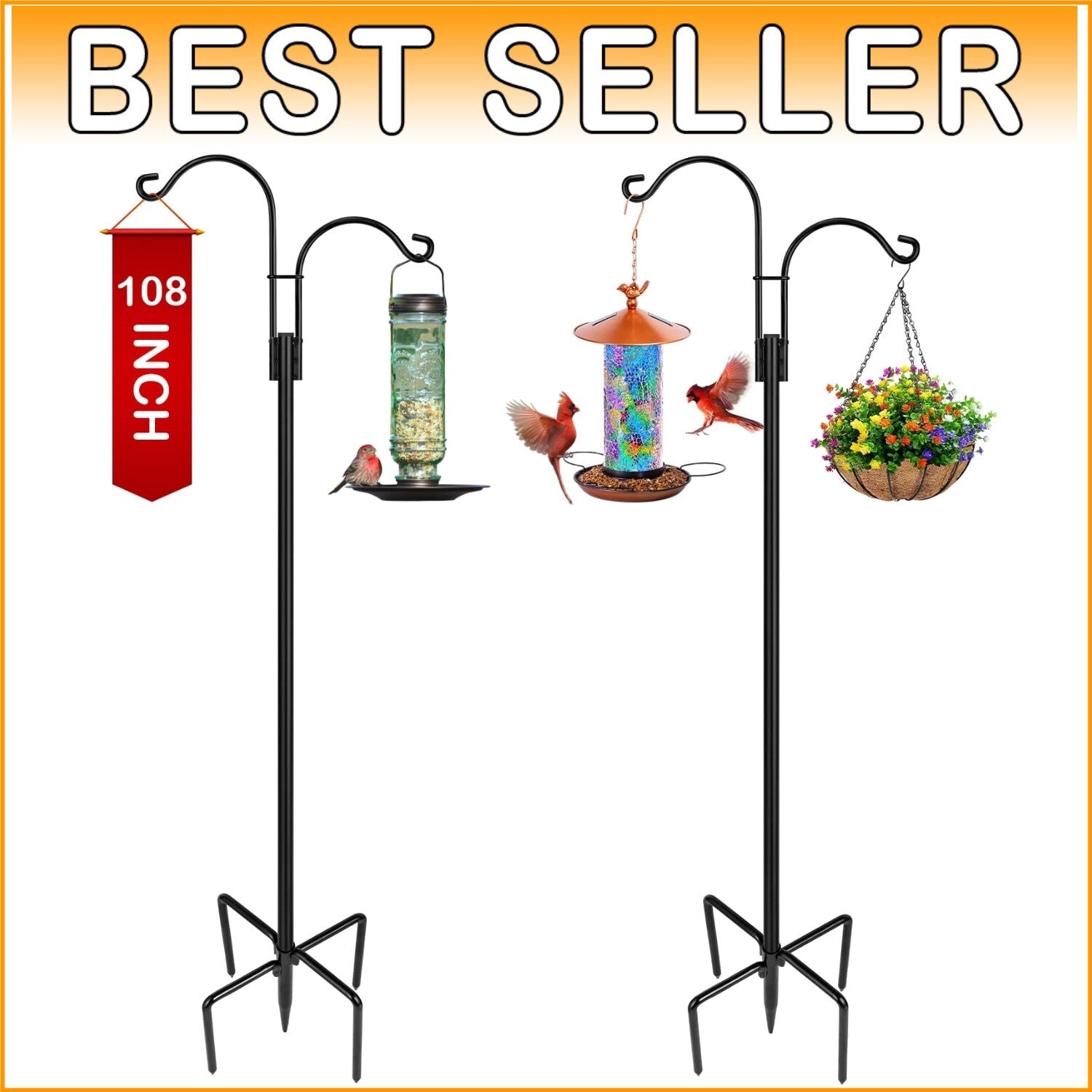 2-Pack Heavy Duty Garden Shepherd Hooks - Dual Arm for Bird Feeders and Lanterns