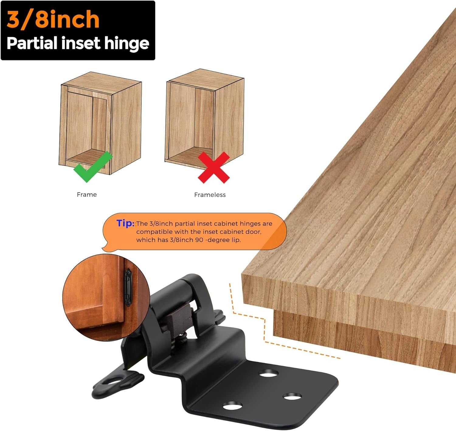 Easy Install 3/8" Inset Cabinet Hinges with Soft Close - 60 Matte Black Pieces