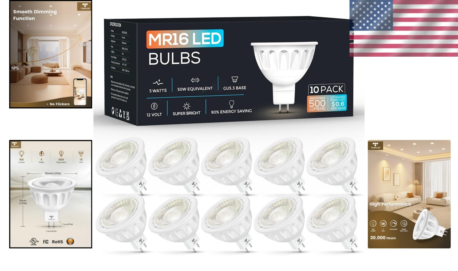 10-Pack Dimmable MR16 LED Bulbs, 5W Equivalent to 50W, GU5.3 Base, UL Listed