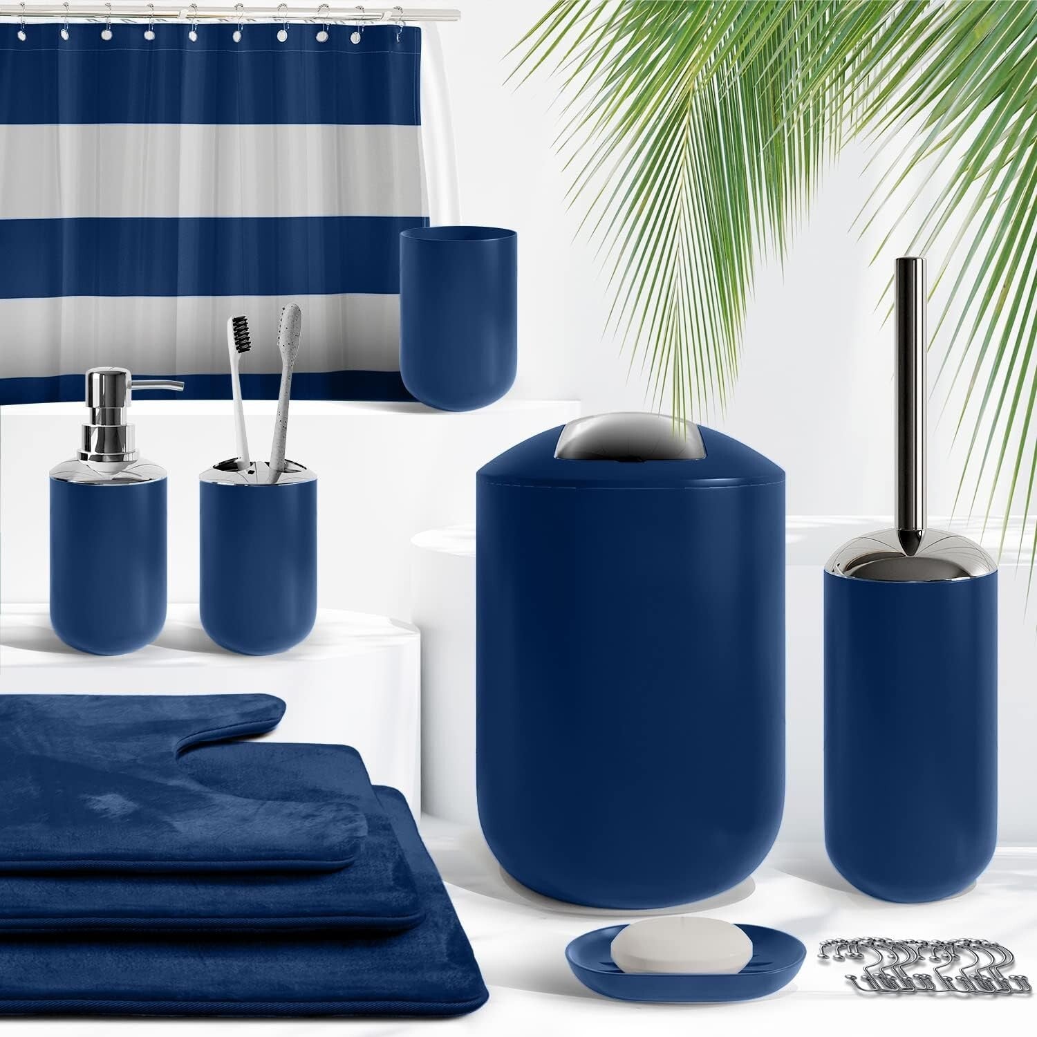 Elegant Navy Blue Bathroom Set with Rug, Shower Curtain & Accessory Essentials