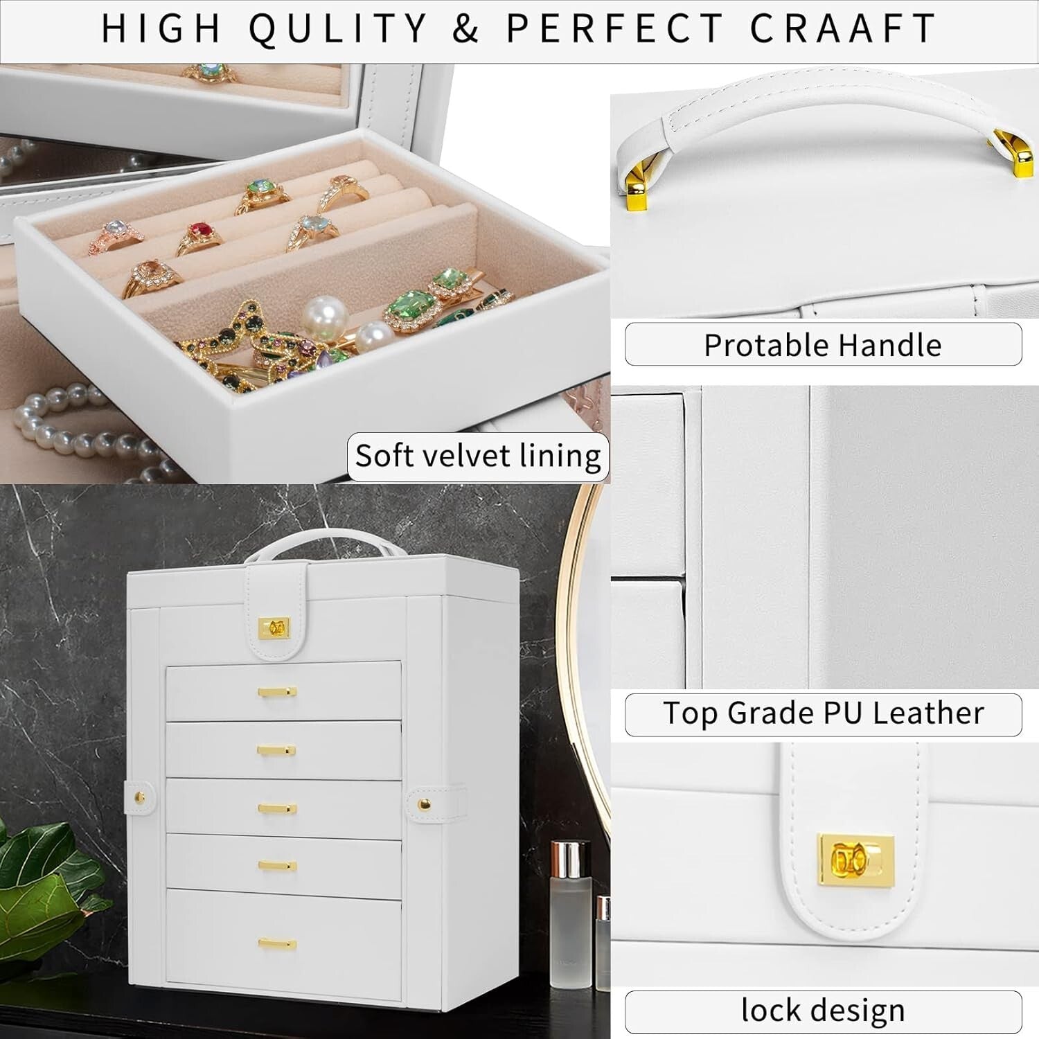 Stylish White Jewelry Box with 5 Drawers & Mirror - Ideal for Rings & Necklaces