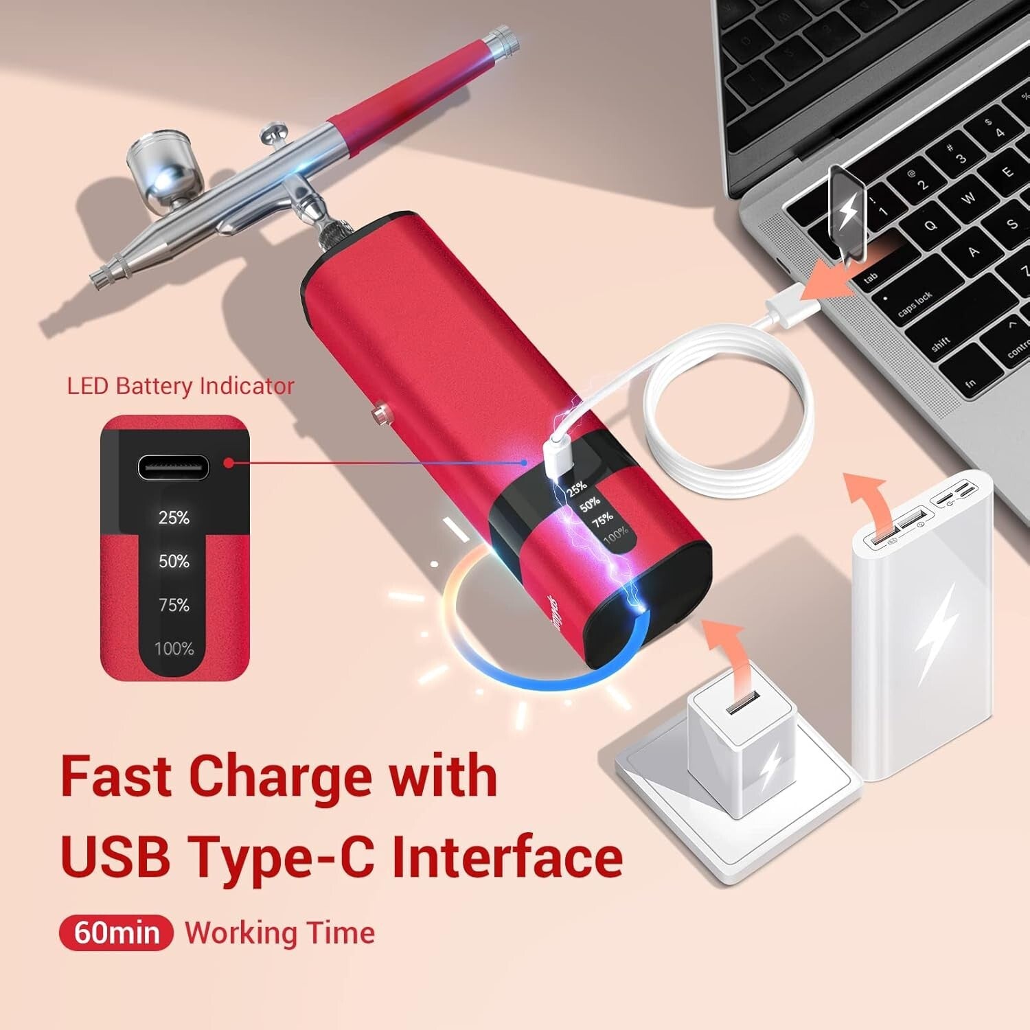 Portable Dual-Action Cordless Airbrush Kit - 32 PSI Compressor and Hose Set