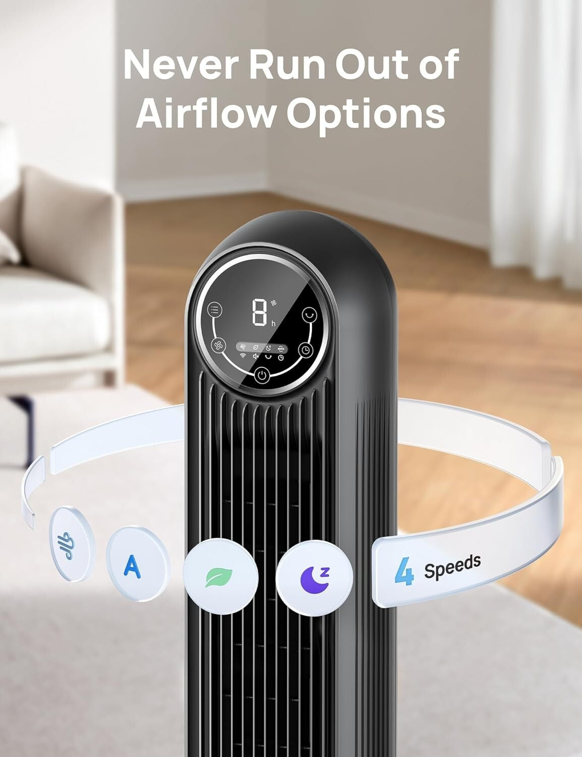 Bladeless Tower Fan with 90° Oscillation - 4 Speeds & Modes for Comfort