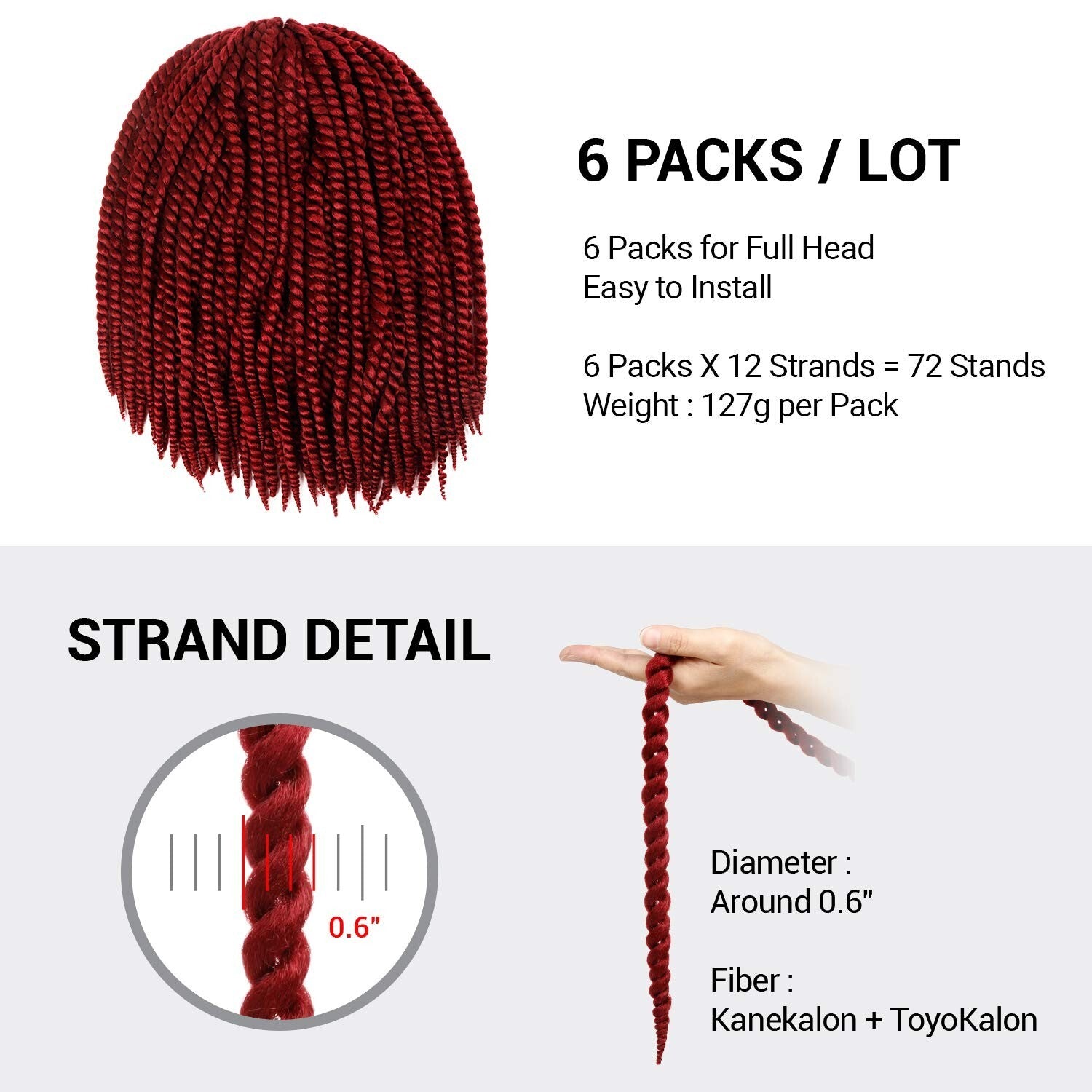 Tangle-Free Jumbo Senegalese Twist Braid Hair, 24 Inch Burgundy - 6 Pack Bundle