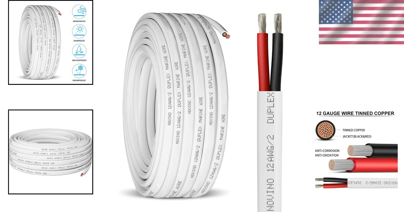 Multi-Purpose 100ft Marine Wire, 12 AWG Duplex Tinned Copper for Boats & RVs