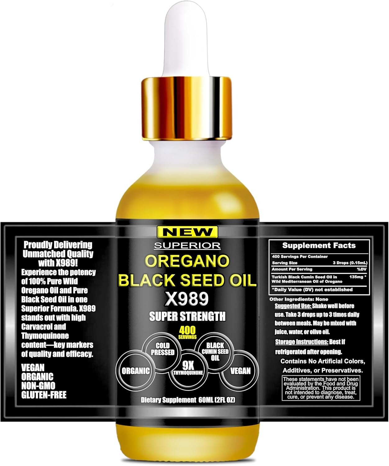 Natural Oil of Oregano & Black Seed Extract - Organic 400 Servings for Vitality