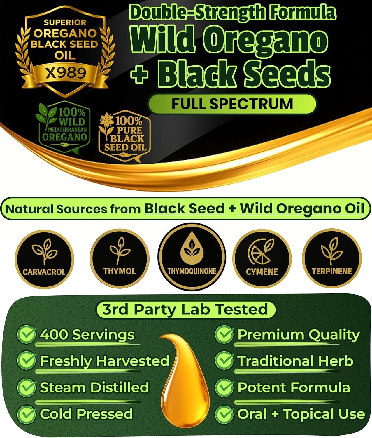 2-in-1 Organic Oregano & Black Seed Oil Drops - 400 Servings, Fast Absorption