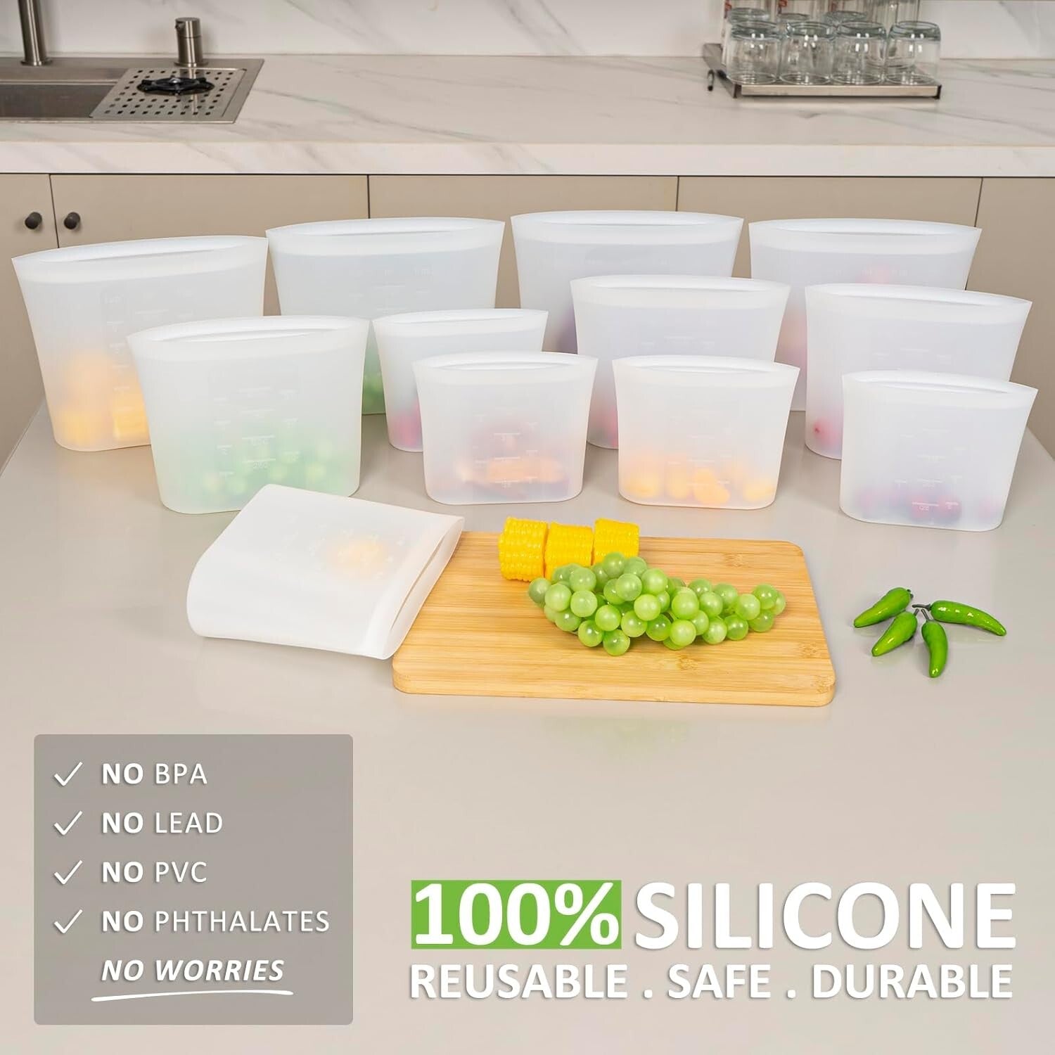 12-Pack Food-Grade Silicone Bags - Ziplock, Microwave, Freezer, Dishwasher Safe