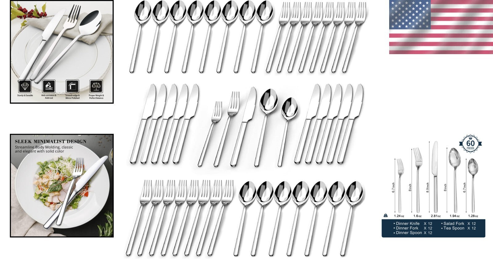 18/10 Stainless Steel 60-Piece Cutlery Set - Dishwasher Safe and Rust Resistant