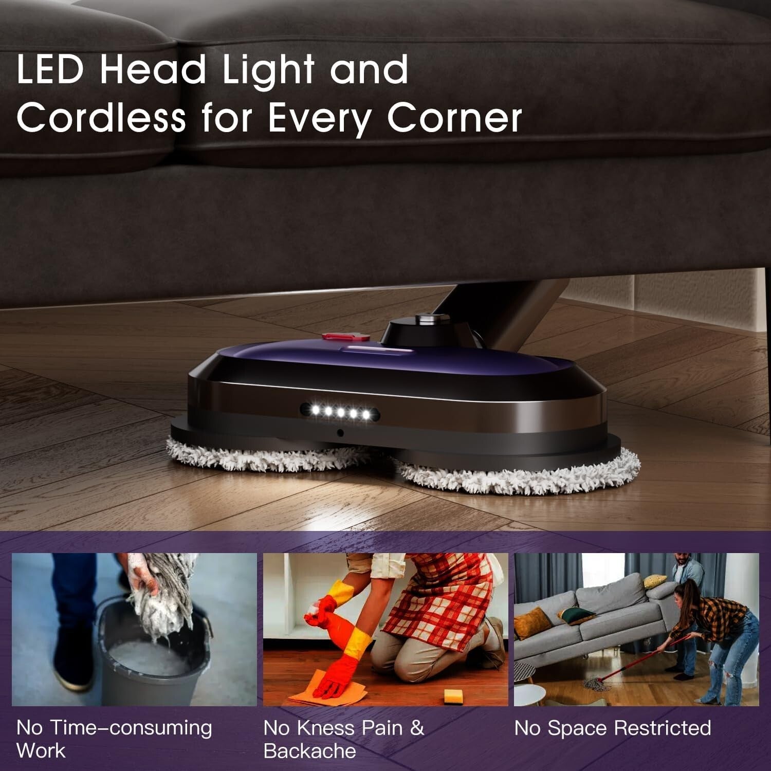 Multi-Surface Electric Mop with Detachable Battery & Deep Cleaning LED Headlight