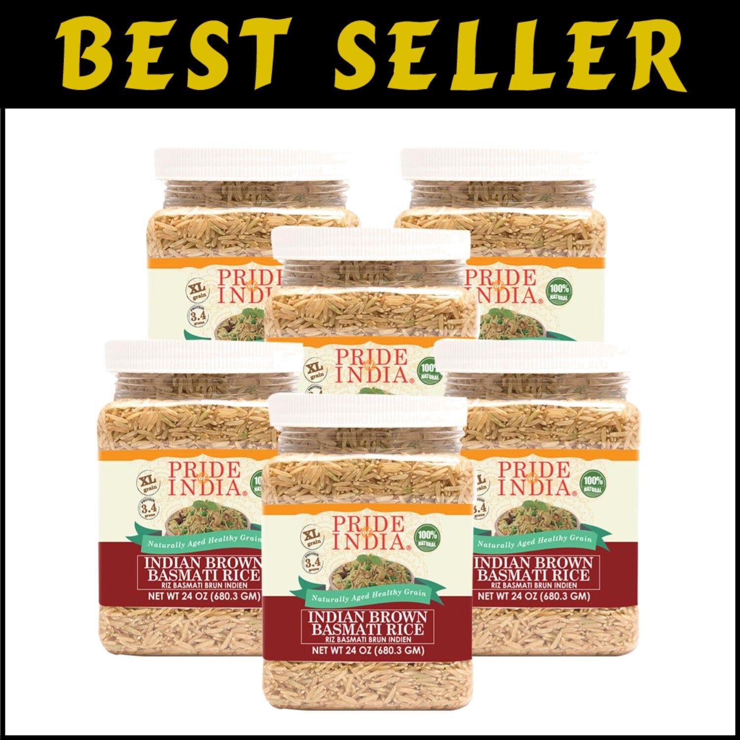 Extra Long Grain Brown Basmati Rice - 6 Jars of 1.5lb Each, Vegan & Gluten Free