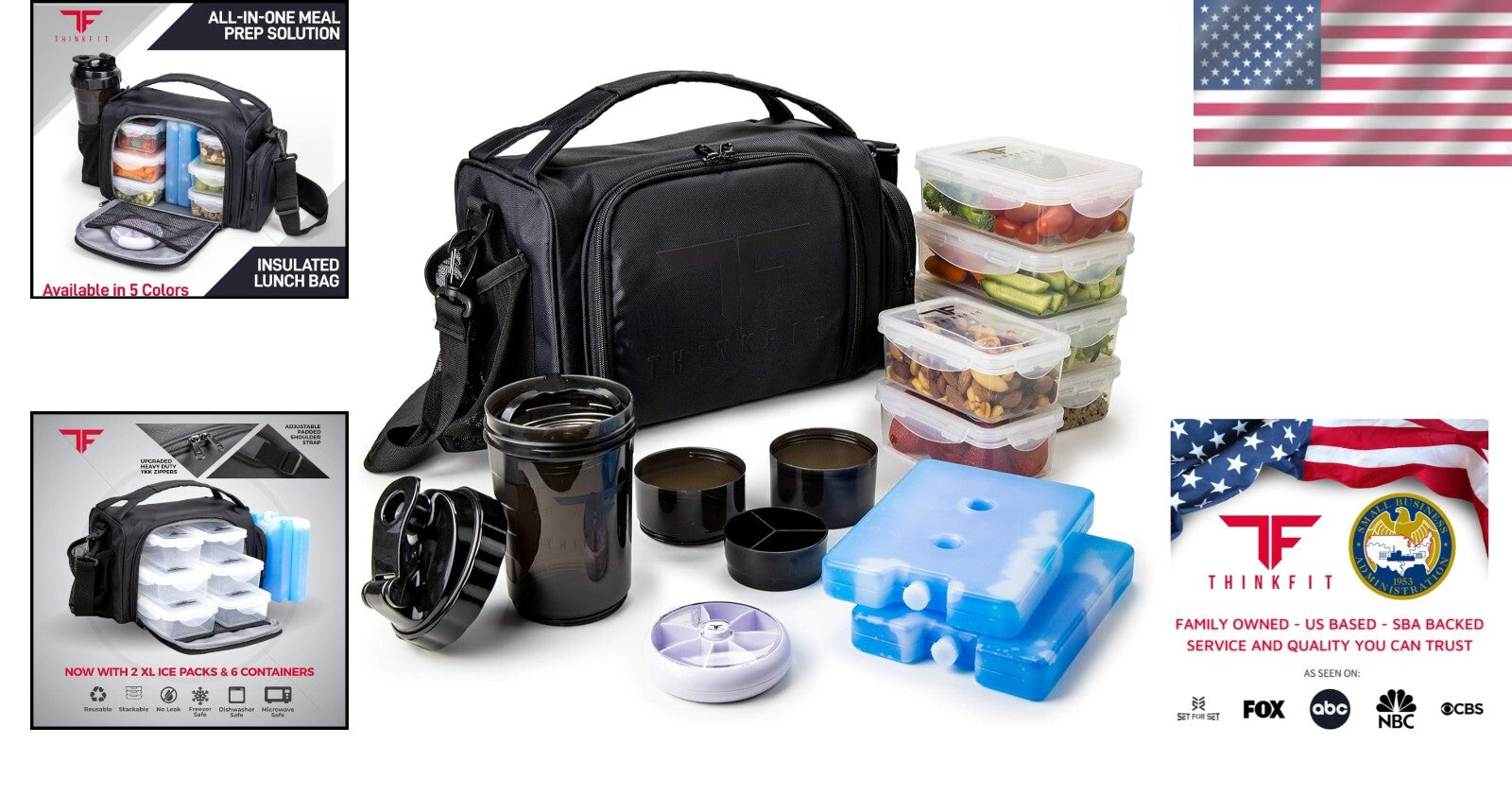 Double Insulated Meal Prep Lunch Bag with 6 Reusable Food Containers & Ice Packs