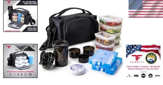 Double Insulated Meal Prep Lunch Bag with 6 Reusable Food Containers & Ice Packs