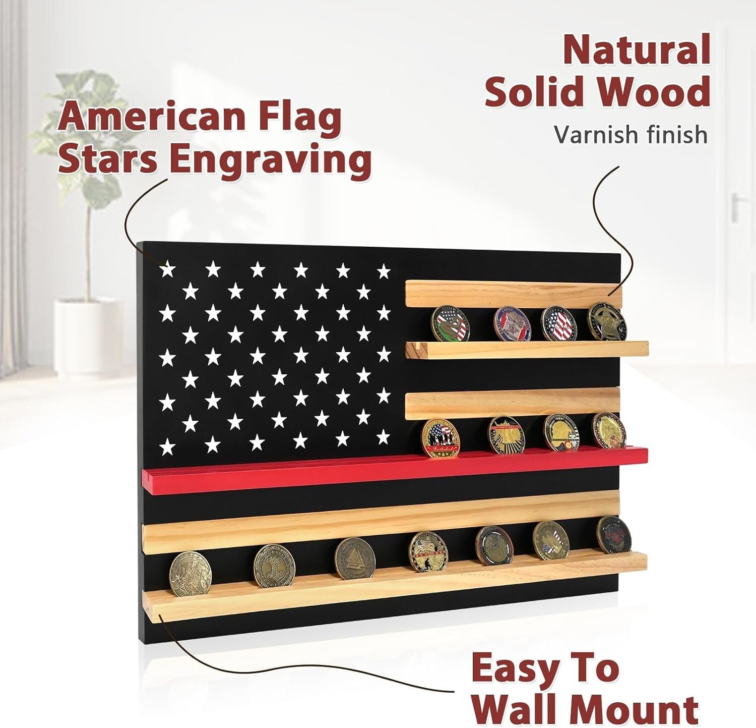 Elegant Thin Red Line Coin Holder - Solid Wood Display for 30 Challenge Coins