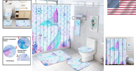 Delightful 7-Piece Mermaid Bathroom Set: Shower Curtain, Rugs & Towels Included