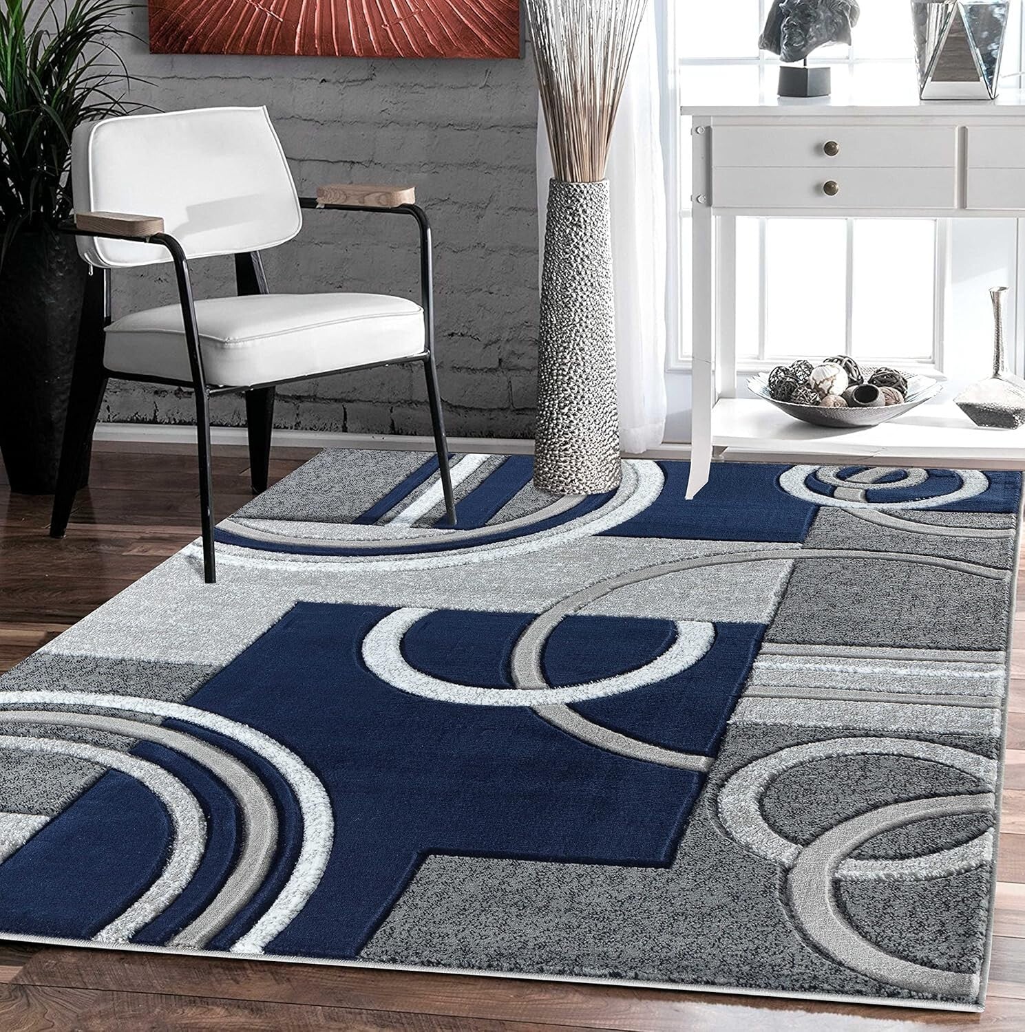 Contemporary Navy 8x10 Fluffy Area Rug - Versatile for Entryway & Living Room