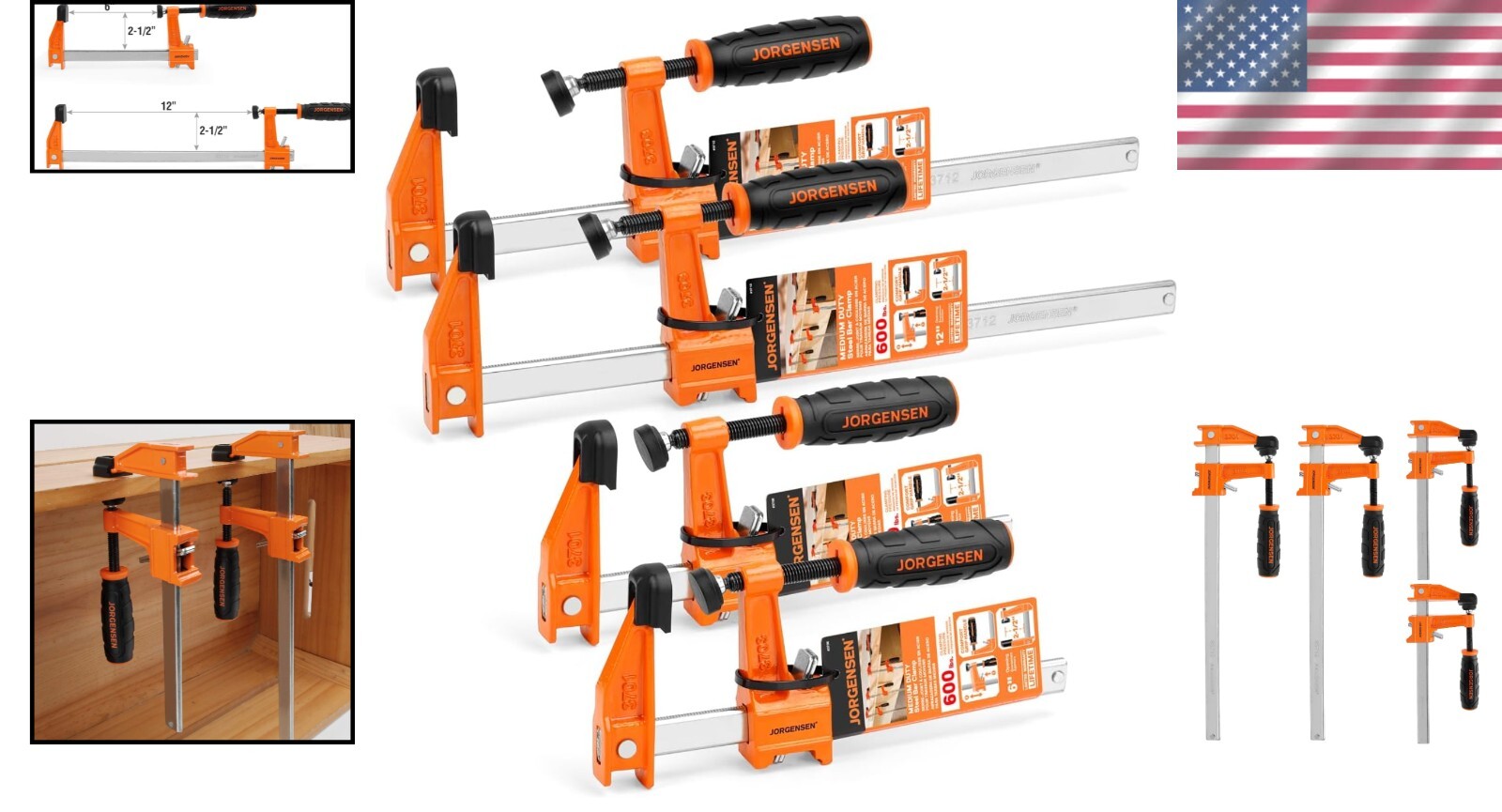 4-Pack Steel Bar Clamps Set, 6-Inch & 12-Inch F-Clamps, 600 Lbs Capacity