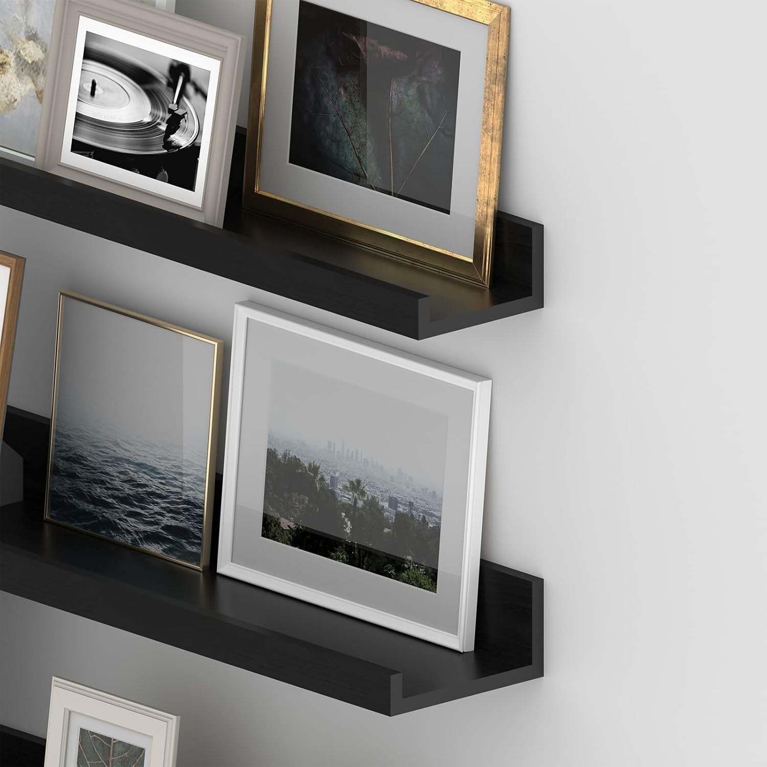 Elegant Black Floating Shelf Set with U-Shape Ledge - 24 Inch Wall Storage
