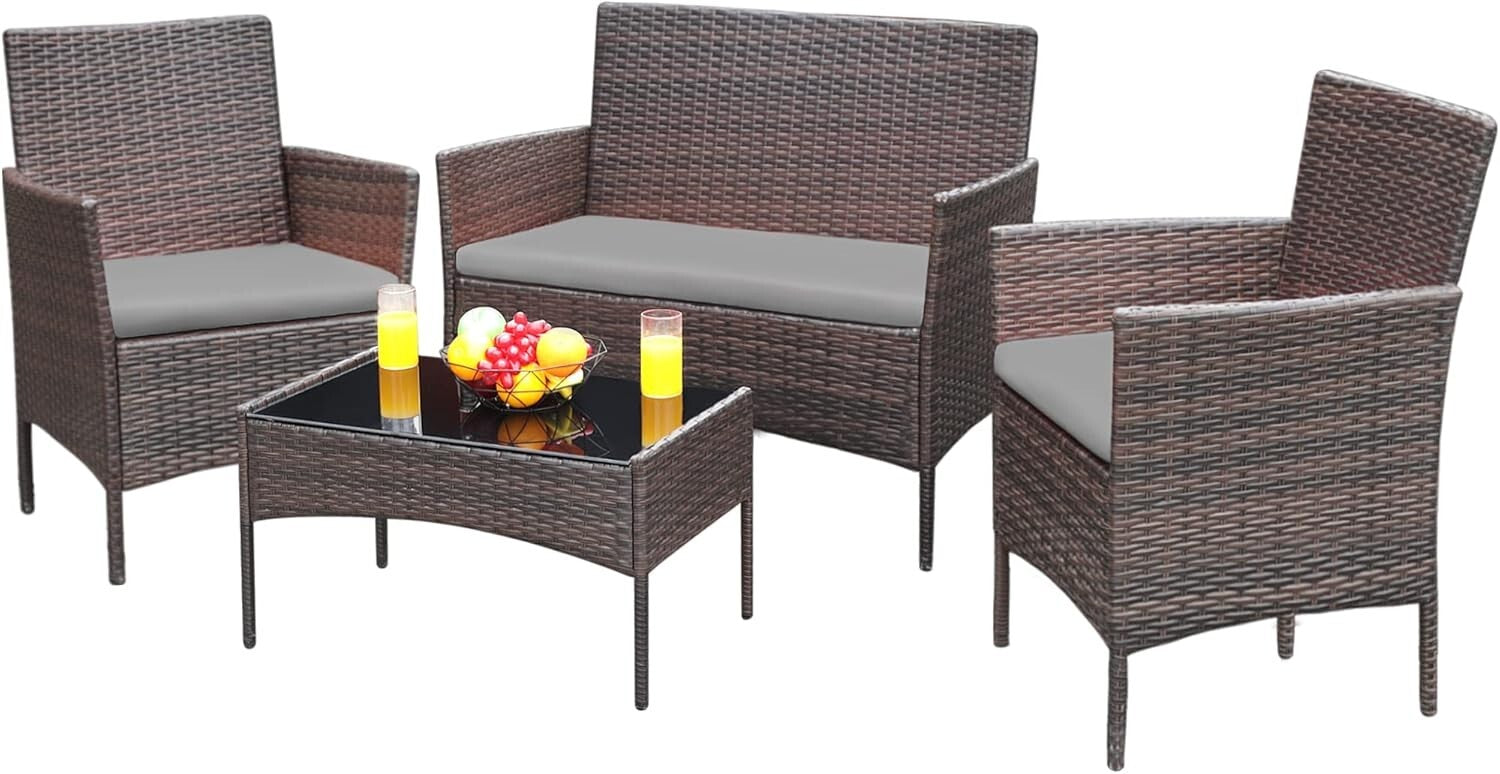 Durable Outdoor 4-Piece Wicker Set with Cushions & Chic Glass Table - Brown/Gray